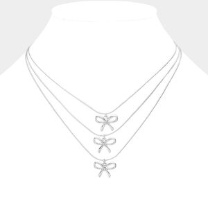 Silver Triple Layered Ribbon Bow Pendant Necklace Metal Charm Chain Jewelry